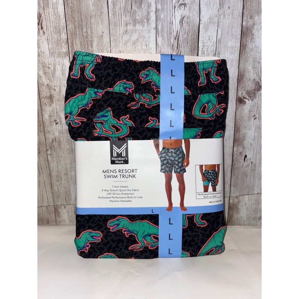 Members Mark Men's Swim Trunk Quick Dry UPF 50 Stretch Built-In Liner Dinosaur